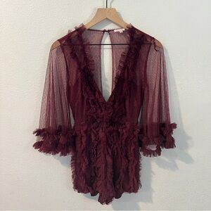 Luxxel Deep‎ V Neck Burgundy Sheer Mesh Flare Bell Sleeve Romper Ruffles Size S